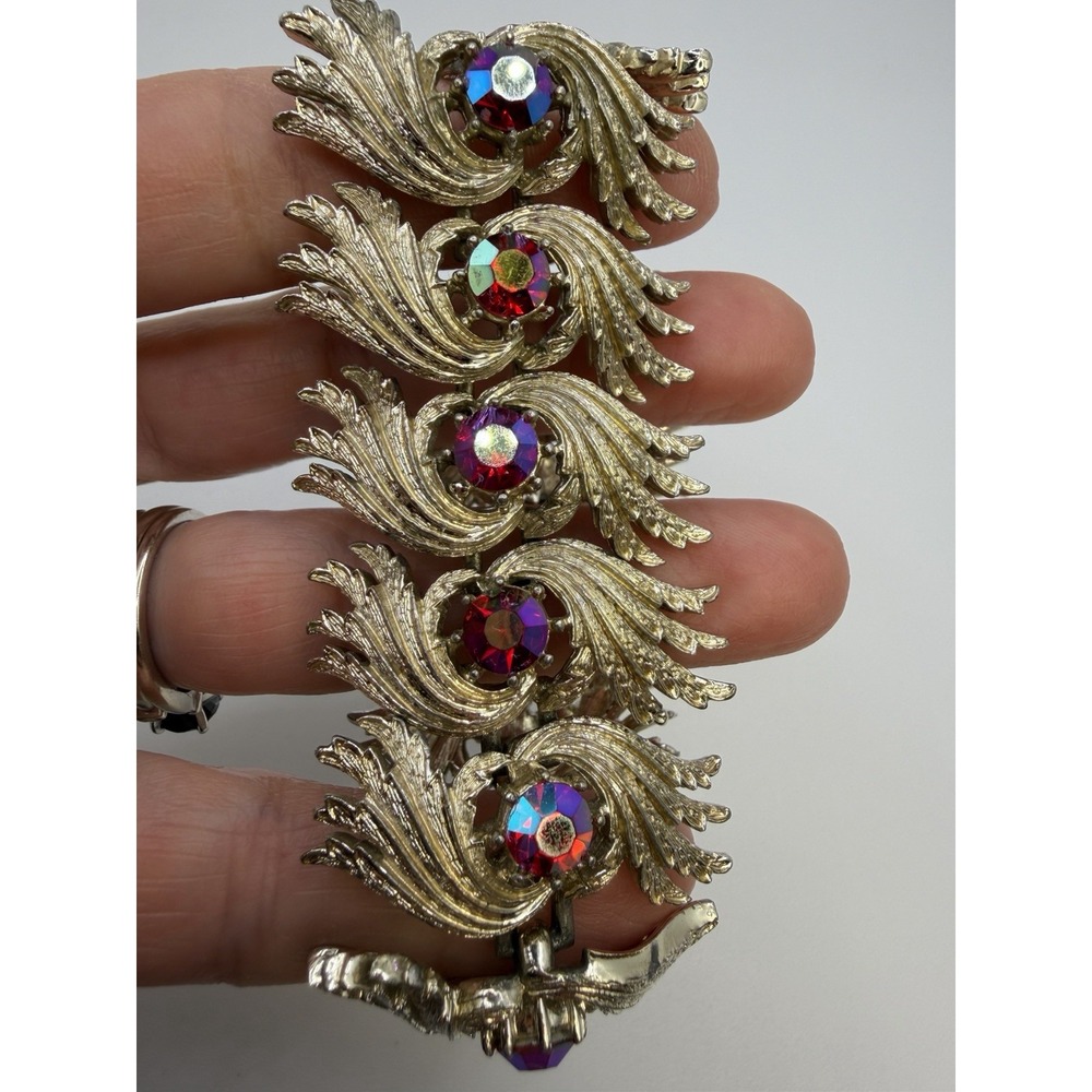 Vintage Coro Pegasus Wide Bracelet Red AB Rhinestone Gold Tone Mid Century